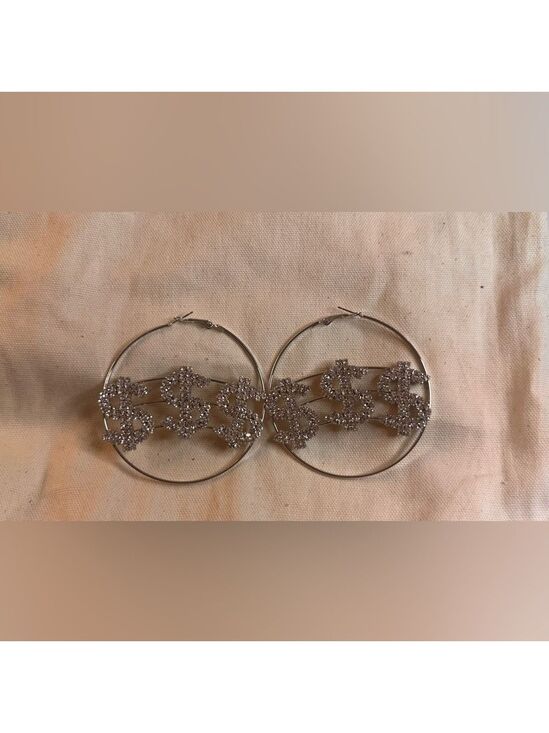 Jewelry - Silver Hoop Earrings with Sparkling Dollar Sign Charms